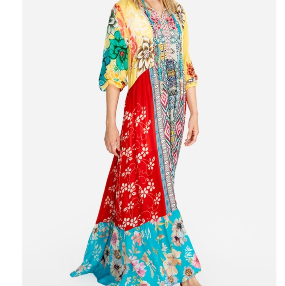Johnny Was Yellow Red Turquoise Floral Patchwork Maxi Dress